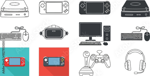 Collection of gaming devices and accessories, from retro consoles to modern tech.