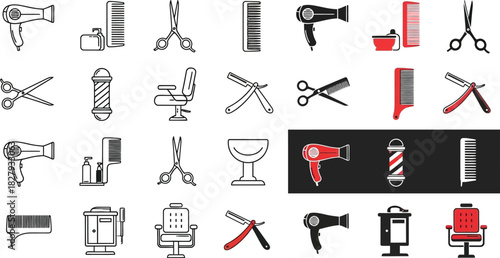 Collection of vintage and modern barber tools and furniture