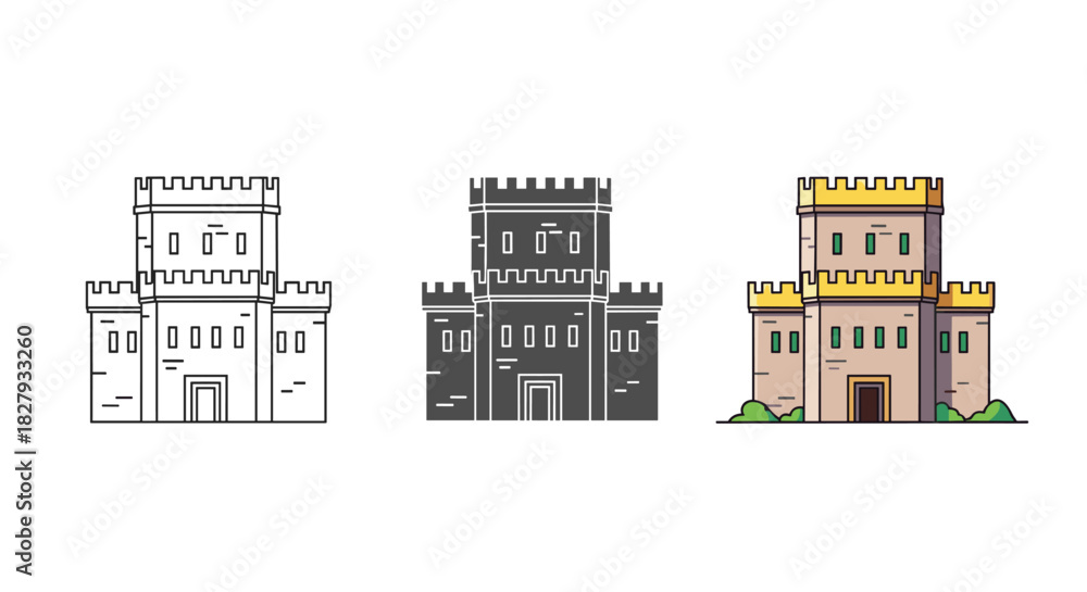 Fototapeta premium Illustration of a medieval castle with towers and battlements, presented in outline, silhouette, and full color isolated on white background