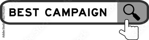 Search banner in word best campaign with hand over magnifier icon on white background