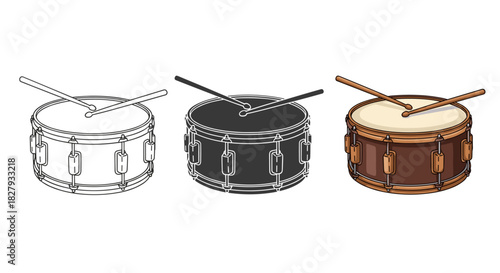 Set of snare drums in different styles isolated on white background outline, silhouette and color versions of percussion musical instrument with drumsticks