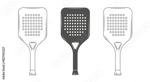 Three padel rackets with different designs isolated on white background, perfect for sports equipment or fitnessrelated projects and graphic design