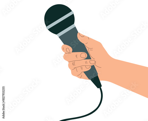 an illustration of a hand gripping a microphone, ready for a vocal performance.