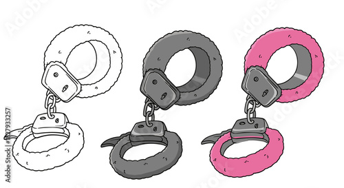 Handcuffs in different styles isolated on white background a set of three handcuffs in different styles, line art, gray and pink, for design or decoration