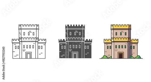 Illustration of a medieval castle with towers and battlements, presented in outline, silhouette, and full color isolated on white background