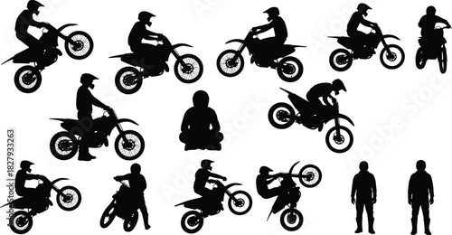 Motocross rider silhouettes performing stunts on dirt bikes, vector illustration set of extreme sports, motorcycle racing, freestyle jumping, and off-road competition.