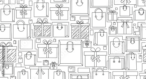 Whimsical pattern of gift boxes and shopping bags in a playful, hand-drawn outline style.