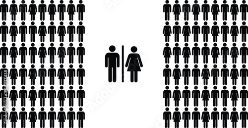 Gender equality and balanced population demographic concept represented by fifty male and fifty female pictograms symmetrically divided by a universal bathroom symbol.