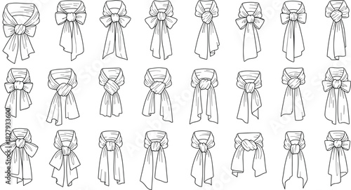 Collection of knotted scarf outlines, hand drawn vector illustration set, winter fashion accessory, neckerchief tying guide for clothing store, magazine, and style blog.