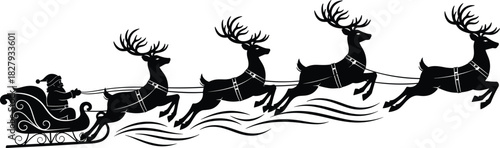 Silhouette of Santa Claus flying in sleigh with reindeer team, Christmas vector illustration for winter holiday decoration, greeting card, and festive design.