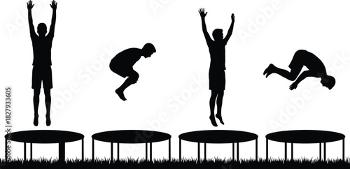 Four black silhouettes of boys performing dynamic jumps, flips, and acrobatics on trampolines outdoors on grass, illustrating active play, sports, and fitness concepts.