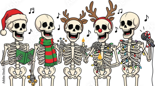 A christmas carol with skeletons wearing santa hats and reindeer antlers singing christmas songs together