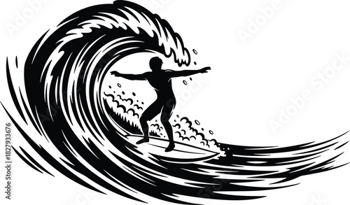 Silhouette of surfer riding inside big wave barrel, extreme water sport vector illustration for summer beach lifestyle, surfing competition, and ocean travel design.