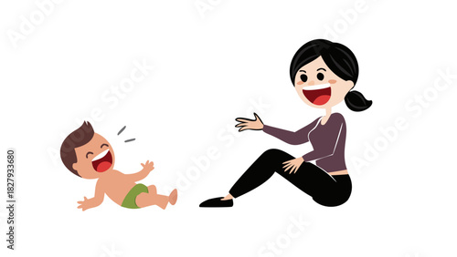 A playful mother sitting on the floor, making funny faces while her baby laughs joyfully