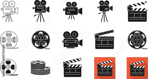 Collection of vintage and modern film making icons, including cameras, film reels, and clapperboards