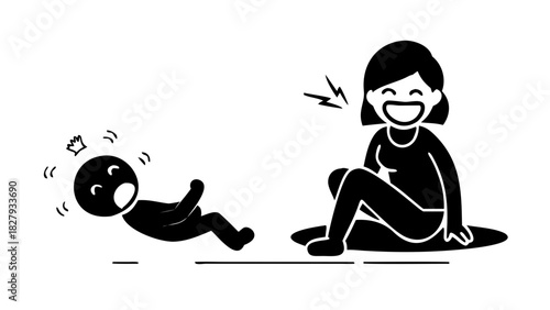 A playful mother sitting on the floor, making funny faces while her baby laughs joyfully