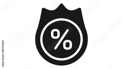Black percentage icon in shield, symbolizing discount, sale, offer, promotion, and special deals for business marketing.