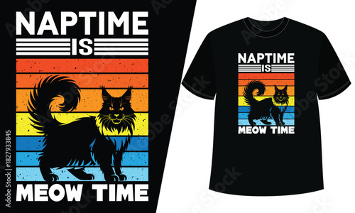Vintage naptime is meow time graphic design featuring a fluffy black cat on striped background
