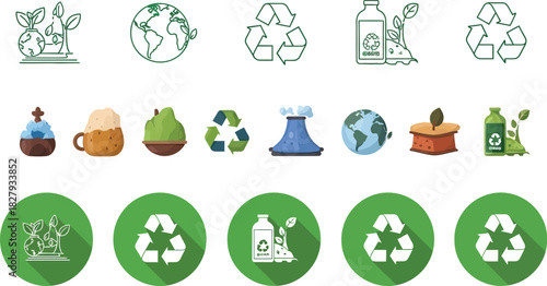 Collection of eco-friendly icons and symbols promoting sustainability and recycling.