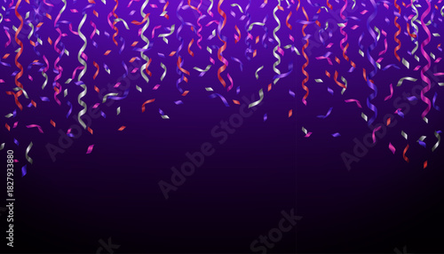 Vibrant dark purple background with colorful metallic confetti ribbons and streamers falling from the top. Features colors like red, pink, silver, and various shades of violet. 