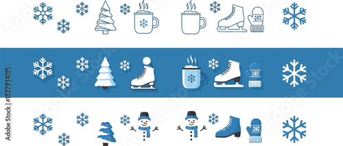 Whimsical winter icons featuring snowmen, ice skates, hot drinks, and snowflakes for festive design