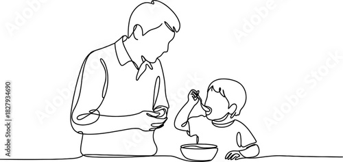 Continuous line art of a father or guardian watching a young child eating from a bowl, depicting parental care, guidance, and family mealtime Vector, illustration