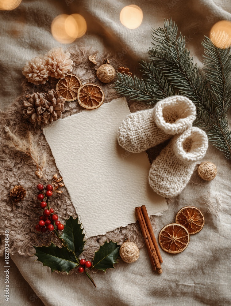 Fototapeta premium Cozy Christmas Baby Announcement Flat Lay with Knitted Booties and Holiday Decor