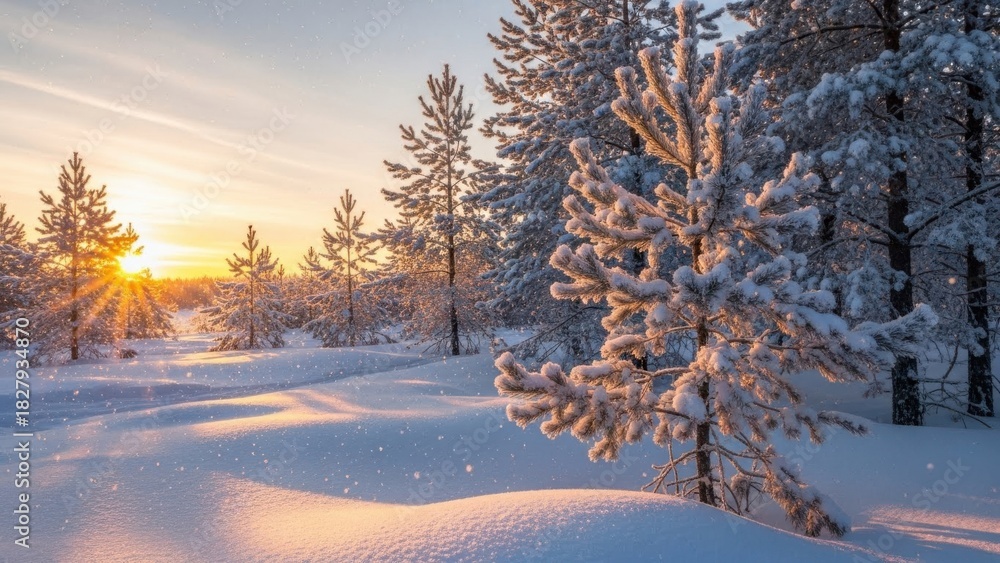 Obraz premium Golden hour sunset casting long shadows across a snow covered forest path with frosted pine trees