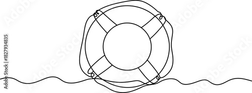 Continuous line drawing of a lifebuoy floating on abstract waves, symbolizing safety, help, and aquatic protection, minimalist vector art Vector, illustration