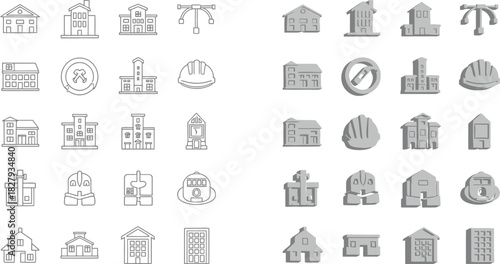 Collection of architectural building icons and blueprints for construction planning