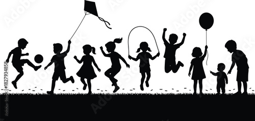 Group of active children playing silhouettes outdoors, kicking a ball, jumping rope, and flying a kite, symbolizing carefree youth, fun, and healthy summer activities.