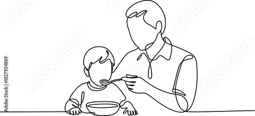 Continuous line art drawing of a loving father feeding his young child a nourishing meal with a spoon, depicting family care and parental bond. Vector, illustration