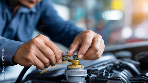 Radiator cap inspection, automotive cooling system, mechanic testing pressure, professional diagnostic procedure, engine bay component check, seal condition assessment, faceless wo
