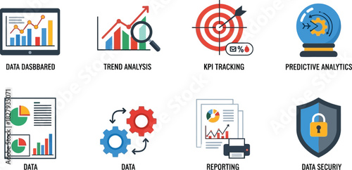 Collection of business analytics icons representing data, trends, and security.