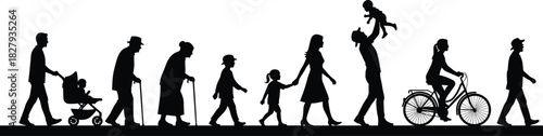 Human life stages silhouette, family progression, black vector art, generational roles, parenting, aging, childhood, stroller, bicycle, walking