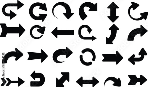 Collection of diverse black arrow icons indicating various directions, turns, and movements for web design, user interface, navigation, and infographics
