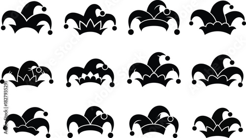 Jester hat vector silhouettes set with various styles of fool caps, bell adornments, and playful designs for carnival fun.