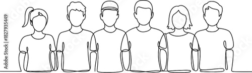 Continuous line drawing of a diverse group of six individuals standing side-by-side, symbolizing connection, community, teamwork, and unity. Vector, illustration
