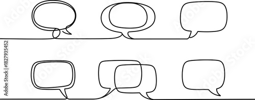 Continuous line drawing of multiple speech bubbles on a clean white background, symbolizing ongoing conversation, chat, dialogue, idea exchange. Vector, illustration