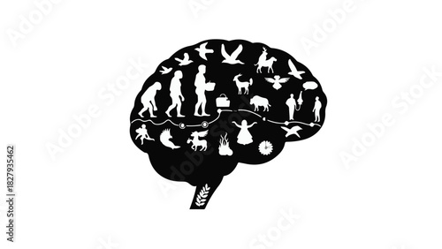 The evolution of life depicted within a human brain silhouette, representing consciousness and development