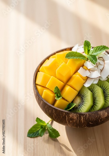 Healthy Tropical Fruit Bowl with Mango, Kiwi and Coconut in Natural Light