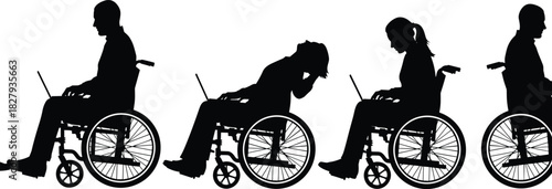 Wheelchair users silhouette, laptop interaction, emotional sequence, digital accessibility, inclusive technology, disabled empowerment, black vector art, contemplation and progress