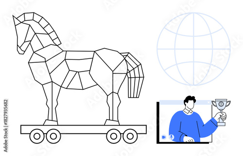 Trojan horse on wheels, a person holding a trophy in a digital window, and a globe graphic. Ideal for cybersecurity, online fraud, global networks, tech threats, hacking, risk awareness digital
