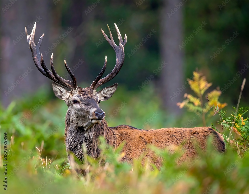 Naklejka premium Majestic stag in autumnal forest