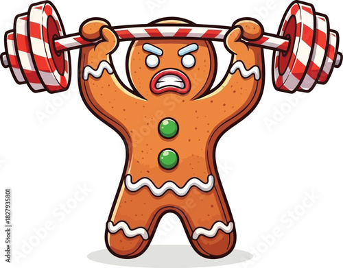 Gingerbread man lifting candy cane barbell with angry expression on a white background illustration