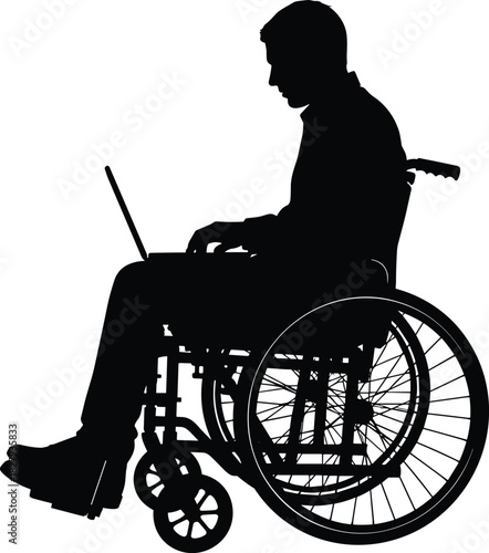 Wheelchair user silhouette, laptop work, digital accessibility, inclusive technology, disabled empowerment, remote work, mobility aid, black vector art