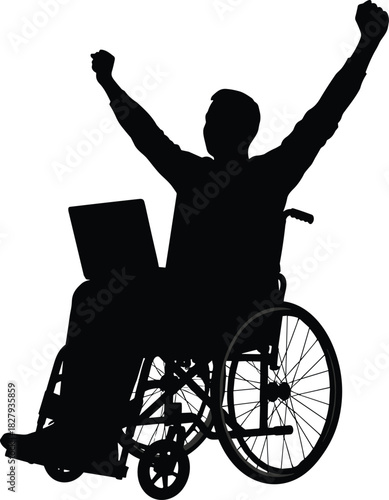 Wheelchair user silhouette, laptop success, raised arms, digital empowerment, inclusive technology, disabled achievement, black vector art, accessibility triumph