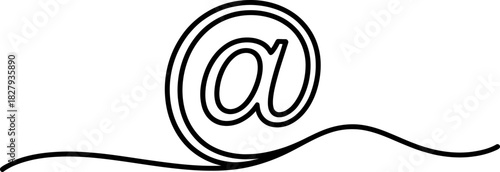 At symbol drawn with a single continuous line illustration, representing email, internet communication, contact, global connectivity icon design. Vector, illustration