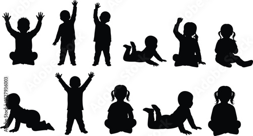 Vector Collection of Diverse Baby Silhouettes, Including Crawling, Sitting, and Standing Poses, Representing Childhood Development and Infant Growth on a White Background.
