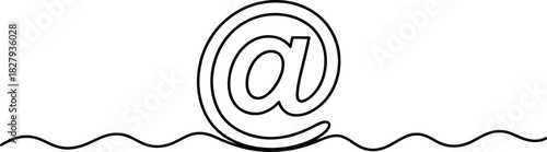 Continuous single line drawing of an elegant at symbol with a flowing wavy line, representing digital communication, internet, connection, and modernity. Vector, illustration